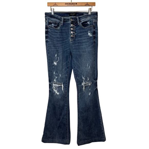 Judy Blue Mid Rise Botton Fly Trouser Flare Denim Jeans Distressed Size 9/29 - Picture 1 of 11